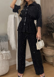Women 3/4 Sleeve Stand Collar Long Sleeve Top + Pants Two Piece Set