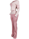 Women contrast v-neck solid knitting casual long sleeve top and pants Two Piece Set