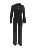 Women Solid Casual Shirt Collar Jumpsuit with Belt