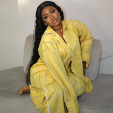 Plus size Women casual loose striped shirt pants Two Piece Set