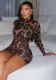 Women Elegant Printed Leopard Sexy Bodycon Stand Collar Long Sleeve Dress