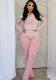Women contrast v-neck solid knitting casual long sleeve top and pants Two Piece Set