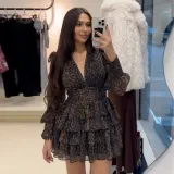 Women Spring Leopard Puff Sleeve Ruffle Dress