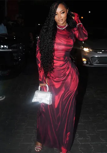 Women Elegant High Neck Long Sleeve Pleated Slit Dress