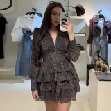 Women Spring Leopard Puff Sleeve Ruffle Dress