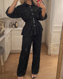 Women 3/4 Sleeve Stand Collar Long Sleeve Top + Pants Two Piece Set