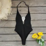 Women Solid V Neck Backless One-Piece Swimwear
