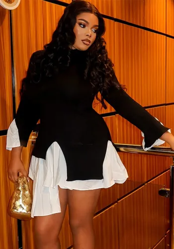 Women High Neck Bell Bottom Sleeve Fake Two-Piece Dress