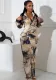Women Casual Printed Slit Pleated Long Sleeve V-Neck Dress