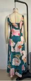Women Summer French Retro Long Dress Printed Suspender Dress