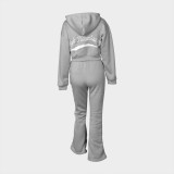 Women street casual hooded print hoodies pants Two Piece Set