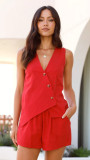 Women Summer Solid Casual V-Neck Vest and Shorts Two Piece Set