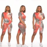 Women Tie-Dye Short Sleeve T-Shirt Shorts Two Piece Set