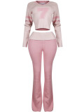 Women contrast v-neck solid knitting casual long sleeve top and pants Two Piece Set