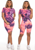 Women Tie-Dye Short Sleeve T-Shirt Shorts Two Piece Set