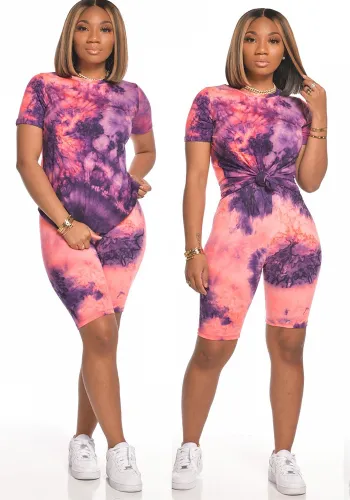 Women Tie-Dye Short Sleeve T-Shirt Shorts Two Piece Set
