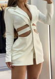 Women Turndown Collar long sleeve hollow solid blazer Dress