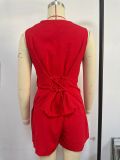Women Summer Solid Casual V-Neck Vest and Shorts Two Piece Set