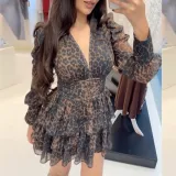 Women Spring Leopard Puff Sleeve Ruffle Dress