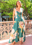 Women Summer French Retro Long Dress Printed Suspender Dress