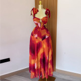 Women Spring Printed Lace Vest Skirt Two Piece Set