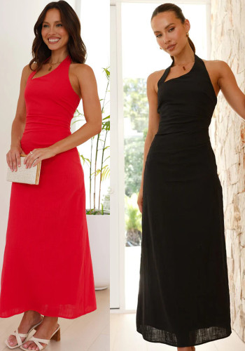 Women Summer Red Solid Sleeveless Backless Dress
