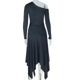 Women Style Solid Irregular Slash Shoulder Off Shoulder Long Sleeve Dress