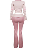 Women contrast v-neck solid knitting casual long sleeve top and pants Two Piece Set