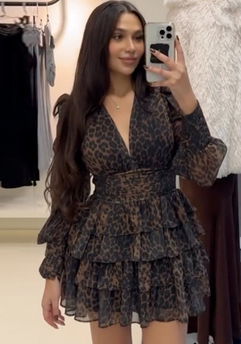 Women Spring Leopard Puff Sleeve Ruffle Dress