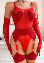 Women Sexy Heart Print Suspender Bodysuit Sexy Lingerie Four-piece Set