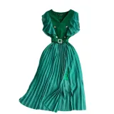 Women Contrast Color Flying Sleeve Collar Slit Pleated Dress