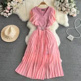 Women Contrast Color Flying Sleeve Collar Slit Pleated Dress