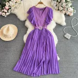 Women Contrast Color Flying Sleeve Collar Slit Pleated Dress