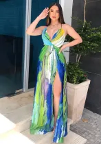 Women Spring and Summer Sexy V Neck Suspender Backless Gradient Chiffon Slit Dress