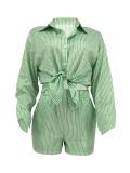 Women Spring Summer Holidays Long Sleeve Shirt Striped Shorts Two Piece Set