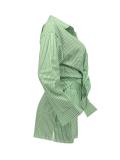 Women Spring Summer Holidays Long Sleeve Shirt Striped Shorts Two Piece Set