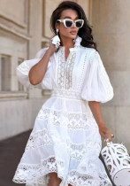Women autumn v-neck hollow lace patchwork long-sleeved dress