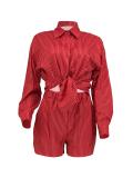 Women Spring Summer Holidays Long Sleeve Shirt Striped Shorts Two Piece Set