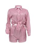 Women Spring Summer Holidays Long Sleeve Shirt Striped Shorts Two Piece Set