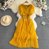 Women Contrast Color Flying Sleeve Collar Slit Pleated Dress