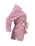 Women Spring Summer Holidays Long Sleeve Shirt Striped Shorts Two Piece Set