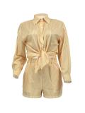 Women Spring Summer Holidays Long Sleeve Shirt Striped Shorts Two Piece Set