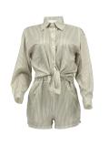 Women Spring Summer Holidays Long Sleeve Shirt Striped Shorts Two Piece Set