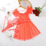 Women Mesh Nightdress See-Through Sexy Lingerie Three-Piece