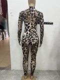 Women's Spring Leopard Print Mesh Long Sleeve Tight Fitting Sexy Jumpsuit