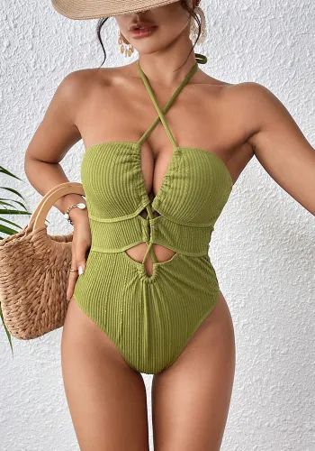 Ribbed Solid Color One-Piece Lace-Up Low Back Sexy Swimsuit