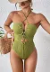 Ribbed Solid Color One-Piece Lace-Up Low Back Sexy Swimsuit