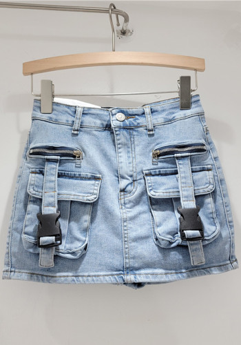 Buckle Cargo Pocket Summer Slim Denim Short Skirts