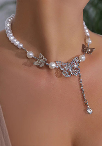 Fringed Hollow Butterfly Pearl Necklace Women's Fashion Chic Chain Accessories