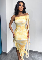 Women Holidays Floral Printed Mesh Ruffled Ribbon Off-Shoulder Bodycon Dress
